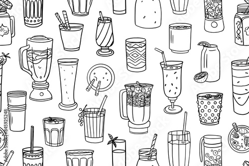 Cute seamless pattern of smoothies and yougurt. Glasses of different sizes and shapes, straws in doodle style. Healthy drinks. Hand drawn. Great for menu, banner, advertising