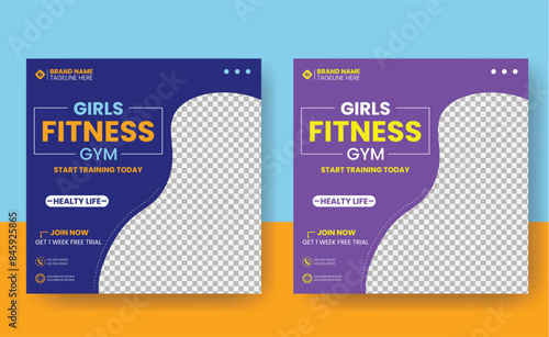 Social media post template design for Gym, Fitness, Workout, and Sports. Editable modern abstract banner with place for the photo. Usable for social media, banner , and website.