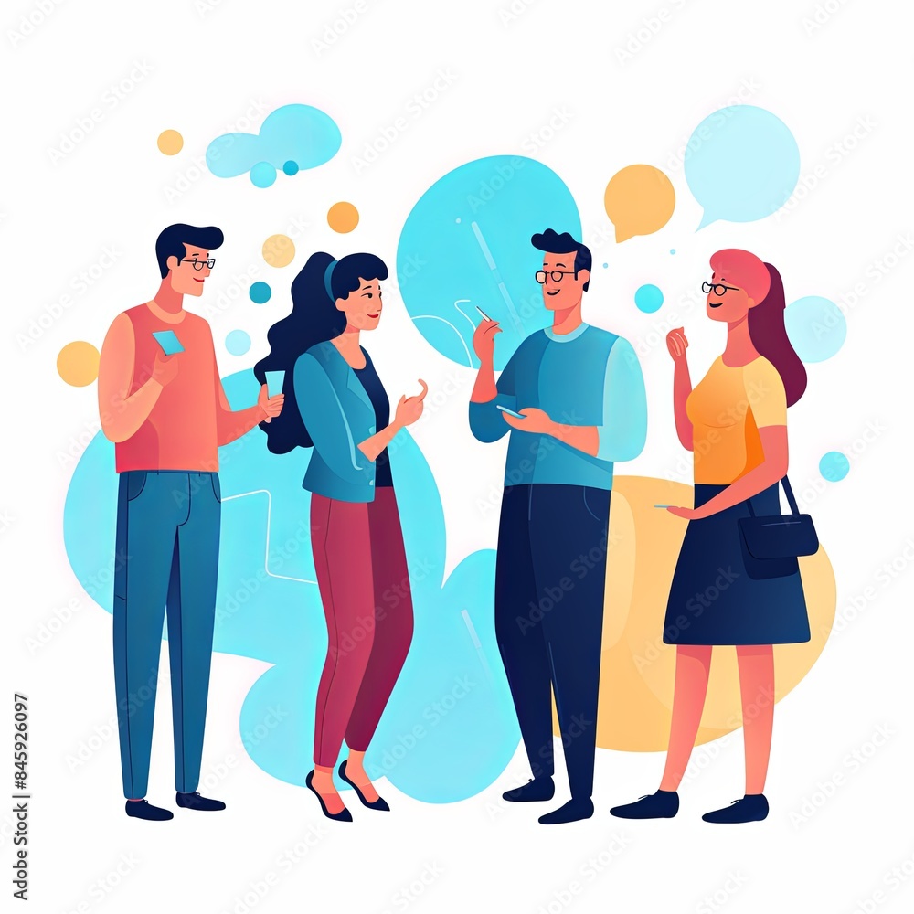 flat vector style illustration, a diverse group of people talking and collaborating flat vector style illustration, a diverse group of people talking and collaborating