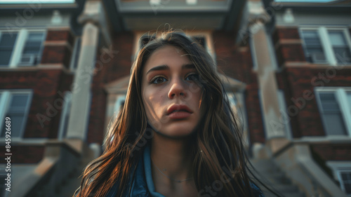 Distraught young sorority brunette girl standing in front of her sorority. photo