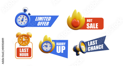 Burning stopwatch, alarm clock with and loudspeaker 3d vector icons set with lettering, Harry up, hot sale, last chance