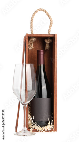 Wooden gift box with wine and glass isolated on white
