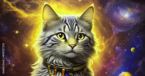Abstract fantasy book cover concept with cat astronaut in space