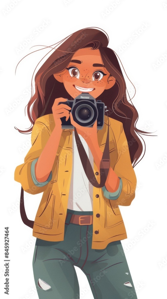 A flat vector image of woman three quarter position, holding a camera with both hands. concept world day of the photography. A flat vector image of woman three quarter position, holding a camera with both hands. concept world day of the photography.