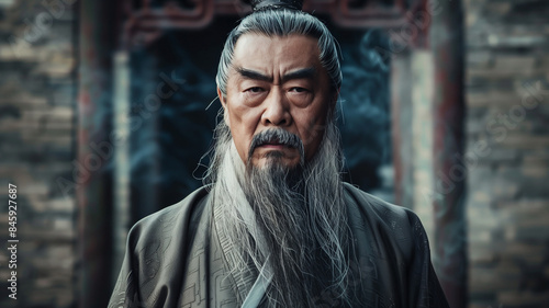 Portrait of Confucius with long flowing beard in front of a temple.