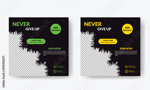 Social media post template design for Gym, Fitness, Workout, and Sports. Editable modern abstract banner with place for the photo. Usable for social media, banner , and website.