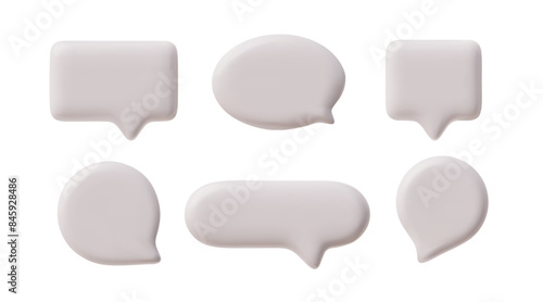 3D glossy empty white speech bubbles various shapes vector set, render circle, rectangle message text bubble volume form