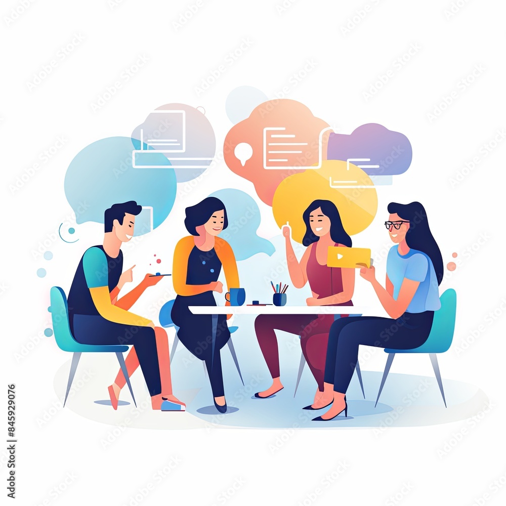 flat vector style illustration, a diverse group of people talking and collaborating flat vector style illustration, a diverse group of people talking and collaborating