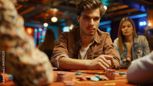 Gen-z man with a mustache playing blackjack at a casino. photo