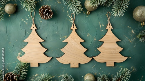 Christmas tree toys made of plywood on a green background