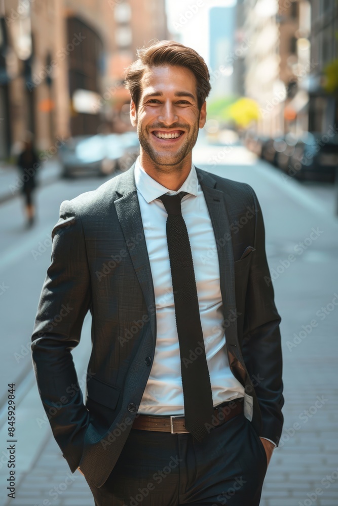Young smiling successful businessman wearing suit, tie and white shirt outdoors in the city Young smiling successful businessman wearing suit, tie and white shirt outdoors in the city