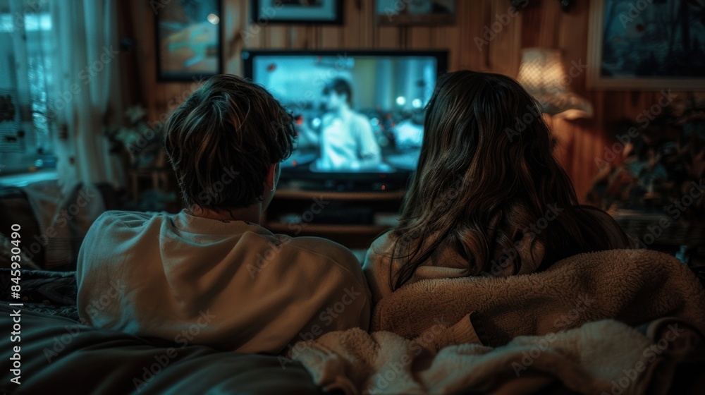 A young couple is sitting on the sofa at home, watching a movie on the television. A young couple is sitting on the sofa at home, watching a movie on the television.