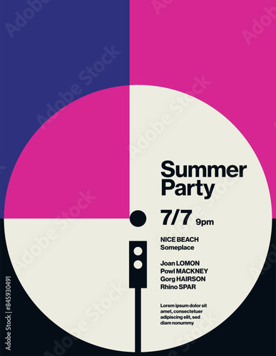 Summer music festival or party poster vector template. Vinyl illustration, minimal design.