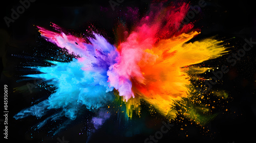 Many colors were mixed together. There is a black background, colored powder, colored dust. Generative AI