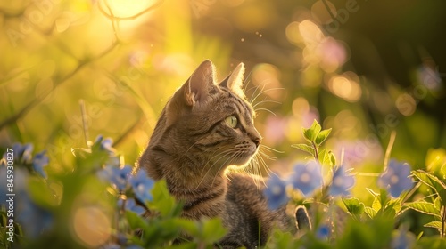 A tabby cat sits in a lush garden with blue flowers and golden sunlight.