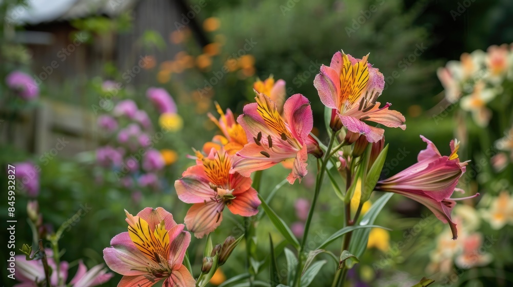 Alstroemeria Apollo with Summer Flowers in a Country Cottage Garden in Rural Devon Alstroemeria Apollo with Summer Flowers in a Country Cottage Garden in Rural Devon