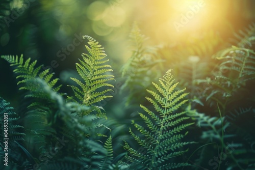 A close-up shot of a fern plant with the warm sunlight shining through the leaves, ideal for use in designs and compositions where natural elements are required