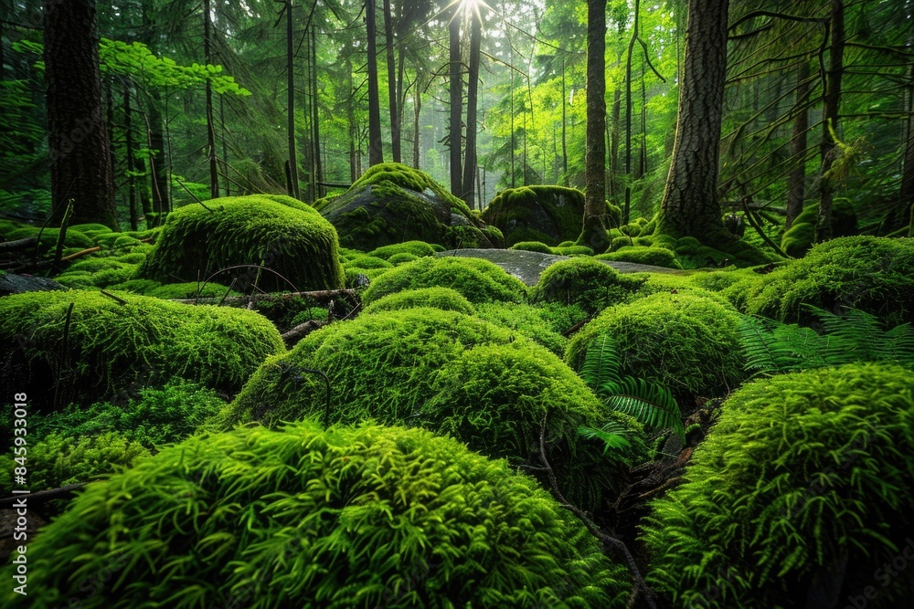 A dense and vibrant forest covered in thick layers of green moss, perfect for nature-inspired designs or backgrounds A dense and vibrant forest covered in thick layers of green moss, perfect for nature-inspired designs or backgrounds