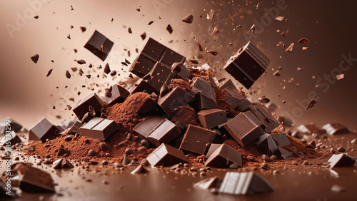 Broken bar of dark chocolate in the air