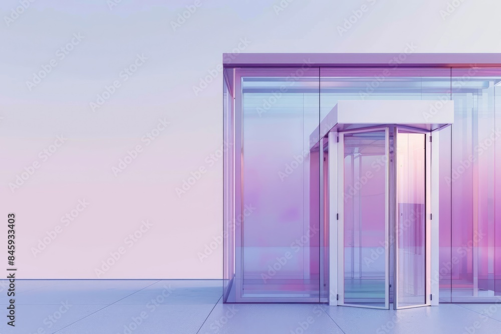 Border design with a modern glass gate at the entrance to a contemporary building, isolated on a light purple background