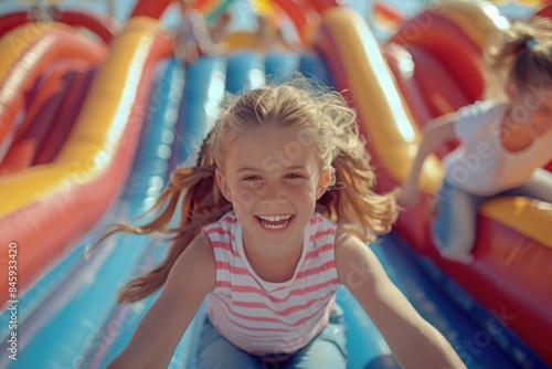 A young girl sliding down a colorful slide at a playground, suitable for use in illustrations about childhood, recreation, or family activities © Fotograf