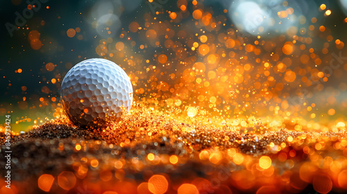A white golf ball is on a sandy surface with a lot of dust and debris. The ball is surrounded by a lot of dirt and sand, and it is in the process of being hit by a golf club