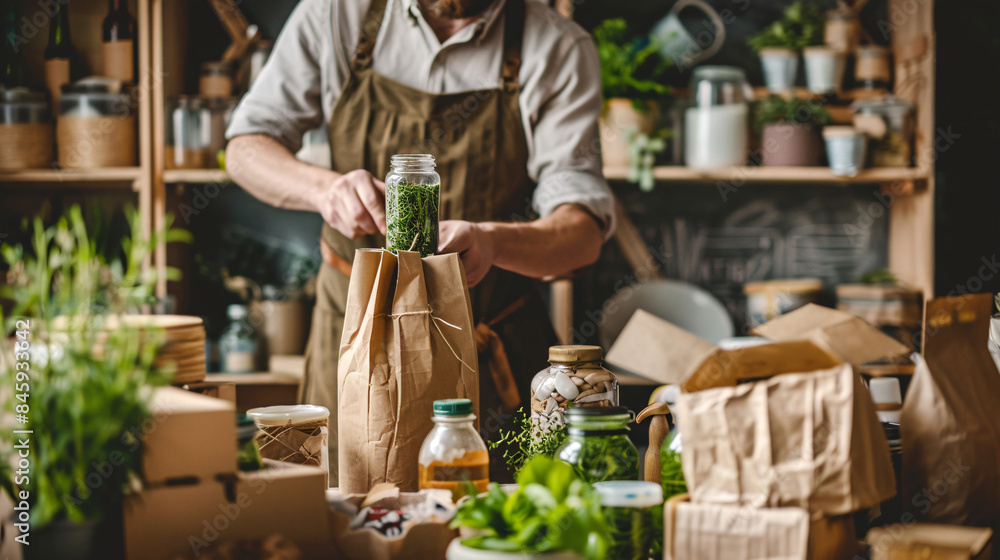 Man Packing Herbs in a Rustic Kitchen Man Packing Herbs in a Rustic Kitchen