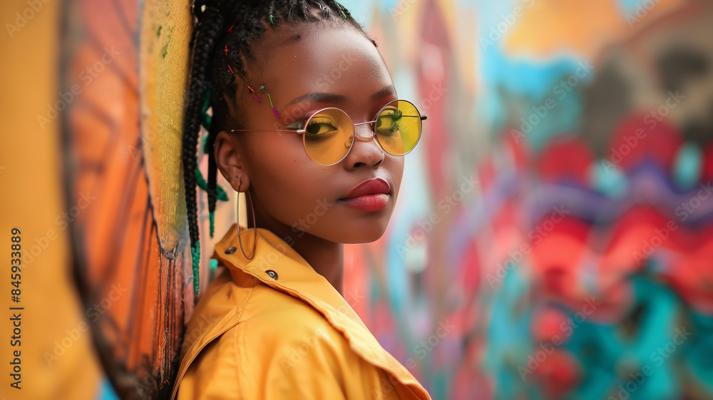 Fototapeta premium South African female model with dreads and sunglasses posing in a yellow jacket outside of a Johannesburg cafe.