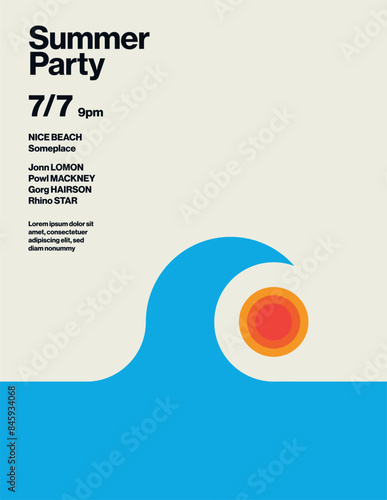 Summer party or music festival vector poster template with sea, ocean and sunset. Minimal illustration