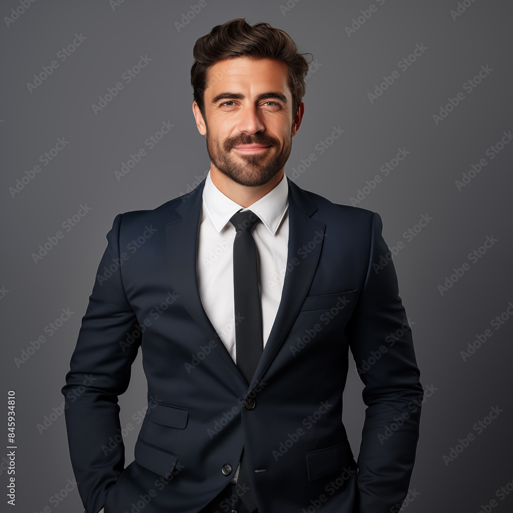 A handsome employee in a suit stands isolated in front of a solid background A handsome employee in a suit stands isolated in front of a solid background