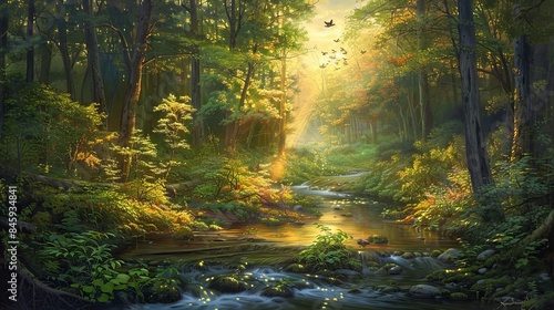 A serene forest at sunrise, with sunlight streaming through the canopy, illuminating the vibrant green foliage and a tranquil stream below.