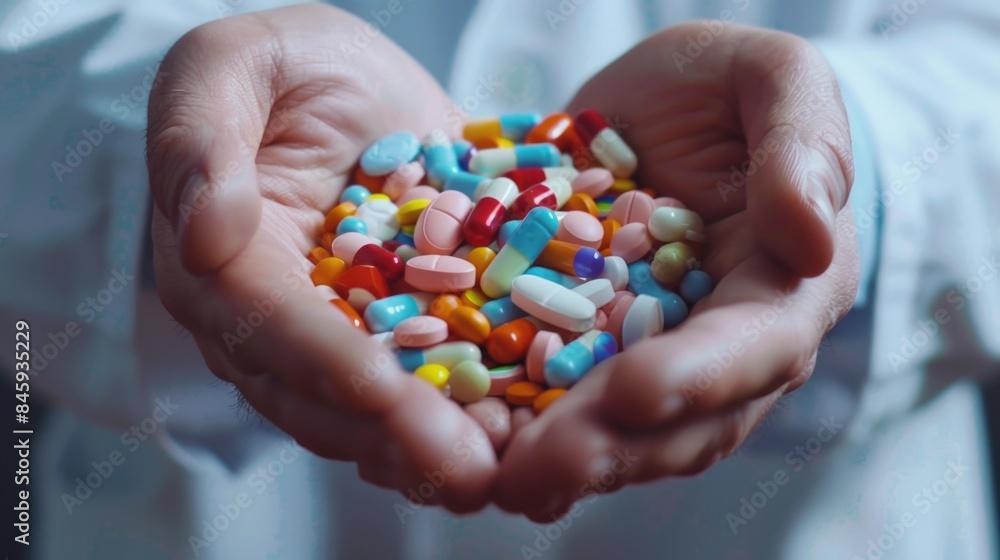 A person holds a handful of pills in their hands A person holds a handful of pills in their hands