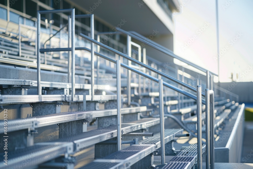 Image shows empty bleachers in a stadium setting Image shows empty bleachers in a stadium setting