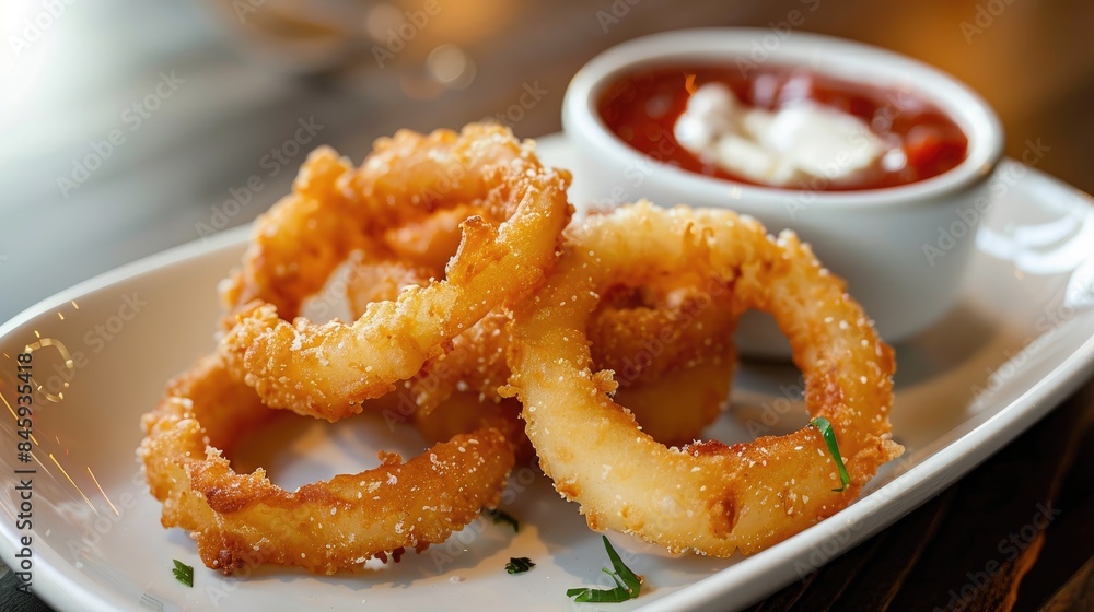 Deep fried onion rings served with tomato condiment Deep fried onion rings served with tomato condiment