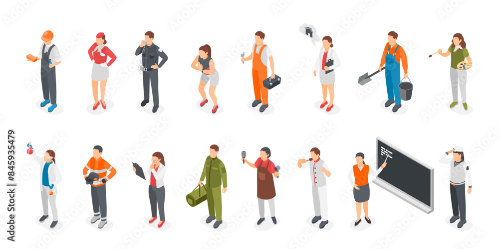 Isometric different professionals. People wear uniform, workers in various professions. Teacher and scientist, chef and seaman, flawless vector set Isometric different professionals. People wear uniform, workers in various professions. Teacher and scientist, chef and seaman, flawless vector set