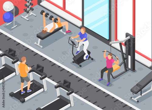 Isometric gym. Fitness center with people, training on training on sports simulators. Sport tools and equipment, workout room with clients, flawless vector scene