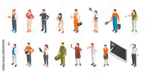 Isometric different professionals. People wear uniform, workers in various professions. Teacher and scientist, chef and seaman, flawless vector set