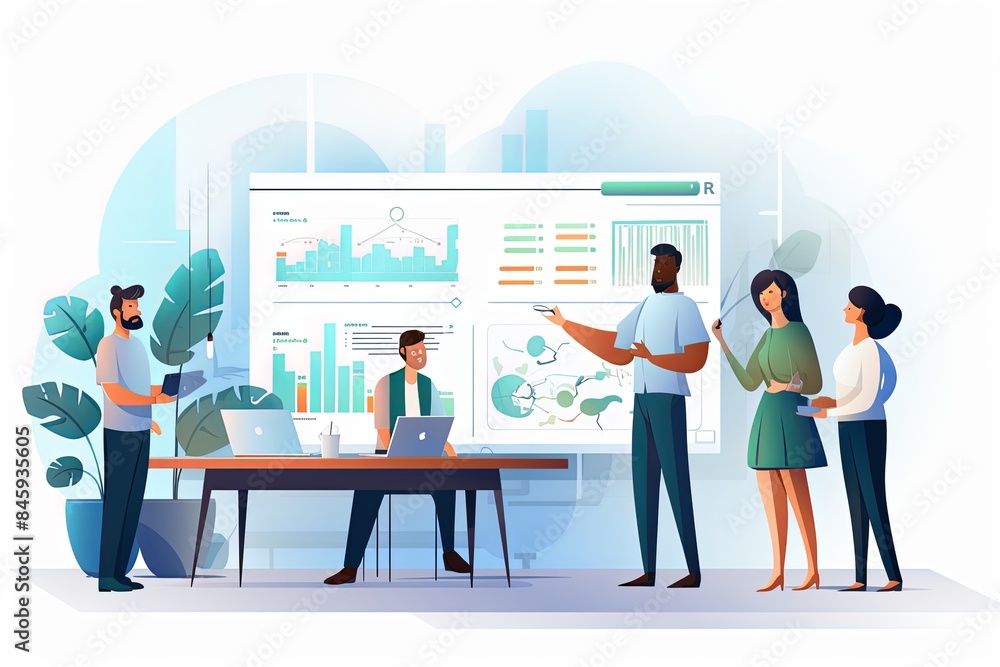 flat vector style illustration, a diverse group of people talking and collaborating flat vector style illustration, a diverse group of people talking and collaborating