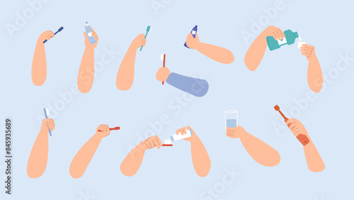 Dental and oral hygiene. Teeth brushes, pasta tubes in human hands. Adults children clean tooth and use rinse aid. Stomatology vector elements