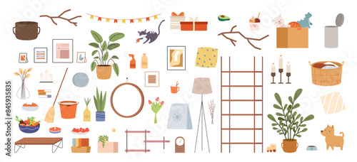 Home accessories big set. Pictures candles shelf wall mirror plants toys in card box. Cleaning tools, broom bucket and basket. Food, furniture and pets vector clipart