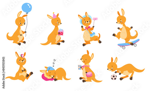 Funny kangaroo characters. Cartoon australian wild animals in action poses. Kangaroo sleeping, play football skateboarding, nowaday vector clipart