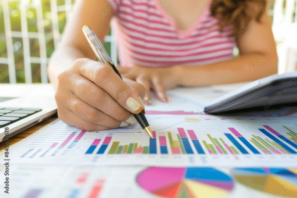 Female administrator reviewing financial documents, using calculator - income audit, balance sheet management, business finance Female administrator reviewing financial documents, using calculator - income audit, balance sheet management, business finance