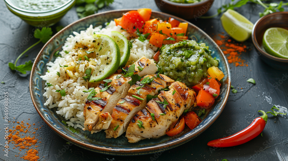 A plate of Peruvian chicken with rice and green salsa gastronomy of Peru A plate of Peruvian chicken with rice and green salsa gastronomy of Peru