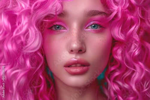 A portrait of a woman with bright pink hair, captured in a close-up shot
