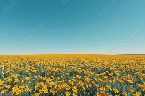 Field of bright yellow flowers with a clear blue sky above, great for nature or outdoor themed photos