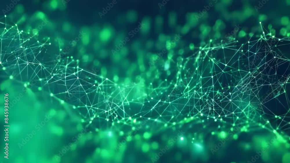 An abstract digital network displaying intricate glowing green nodes ...