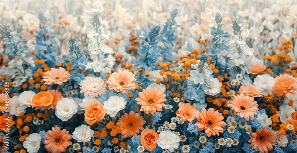 Fototapeta premium Vibrant Field of Flowers, Orange, Blue, and White Blooms on Right Side, Against Light Background