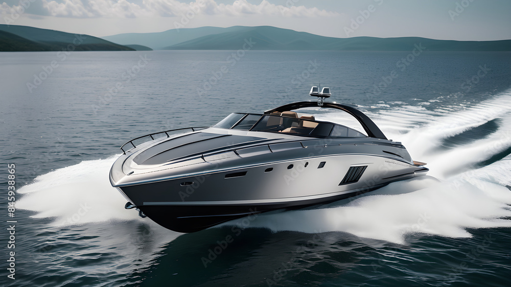 Fototapeta premium A sleek and luxurious speedboat, with a silver and gray color scheme