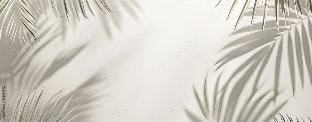 Tropical Elegance, Palm Leaf Shadows on White Background, Light Grey Backdrop Tropical Elegance, Palm Leaf Shadows on White Background, Light Grey Backdrop