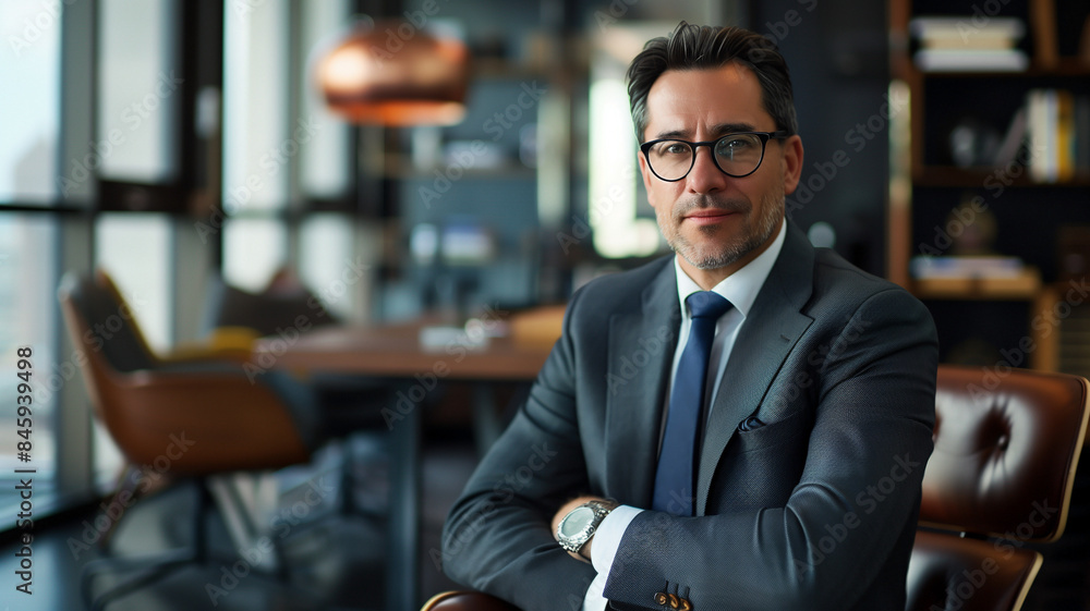Middle aged Caucasian male lawyer's face with a beard and wearing glasses with his arms crossed with his office behind him. Middle aged Caucasian male lawyer's face with a beard and wearing glasses with his arms crossed with his office behind him.